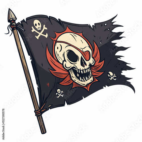 Create a vector illustration of a bold, black-stroke pirate flag with a skull and crossbones.  Include detailed texture and high resolution.