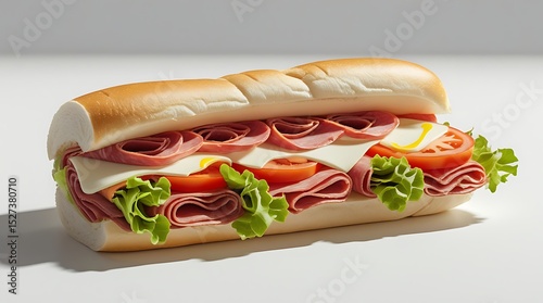 Italian sub sandwich with layers of deli meats, cheese, lettuce, tomato, and condiments, beautifully displayed on a white background, perfect for menus, ads, and packaging designs
