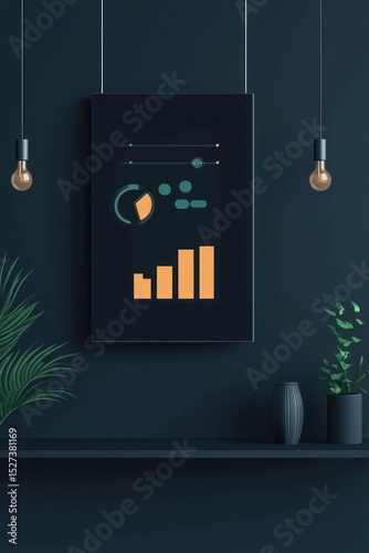 A dark wall with hanging lights and a framed chart above a shelf with plants and a vase on it