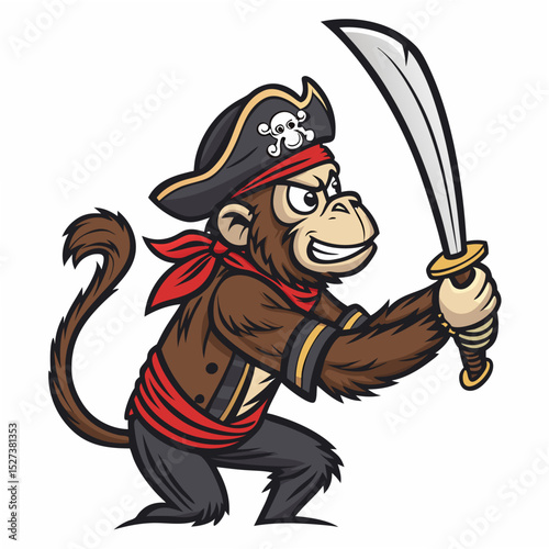 Create a bold vector illustration of a swashbuckling pirate monkey holding a treasure chest.  Include detailed fur and a bandana.