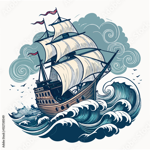 Create a bold, vector illustration of a pirate ship with thick black outlines, sailing on a stormy sea.  Include detailed rigging and sails.