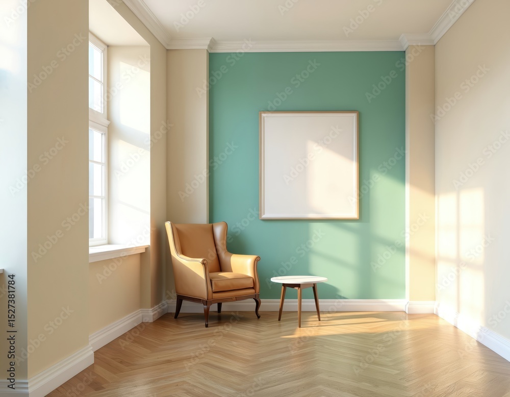Fototapeta premium 3D render of vintage-style living room interior. Beige, green walls, wooden parquet flooring, leather armchair near table. Empty white frame for art. Cozy modern apartment.