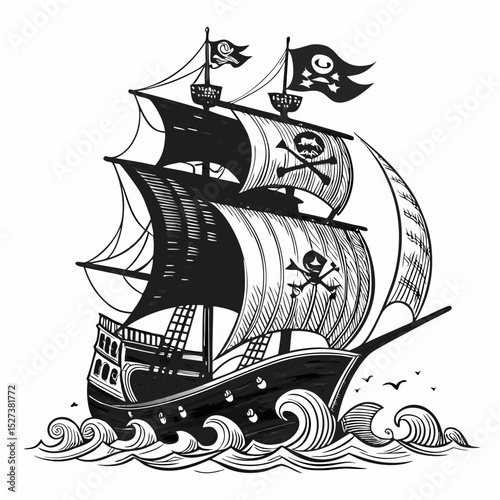 Create a bold, vector illustration of a pirate ship with waving flags, emphasizing strong black outlines and a weathered wood texture.  Include detailed rigging and sails.
