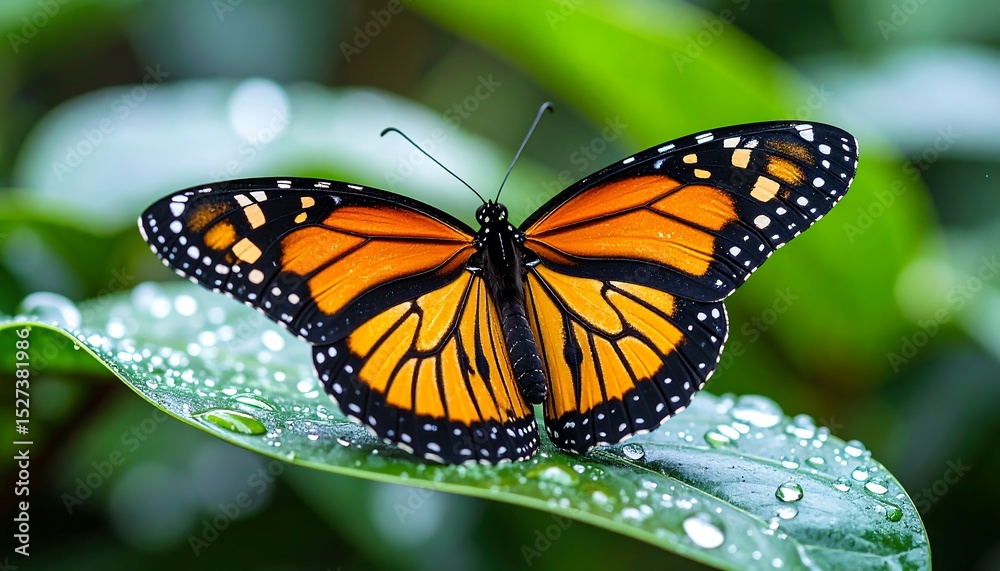 Fototapeta premium Orange Butterfly on Dew-Covered Green Leaf