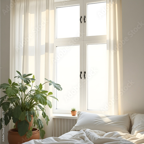 Bedroom with large window, natural light, and indoor plant – A serene bedroom filled with sunlight from a large window, soft curtains, and a leafy plant near the bed, realistic detail on white backgro