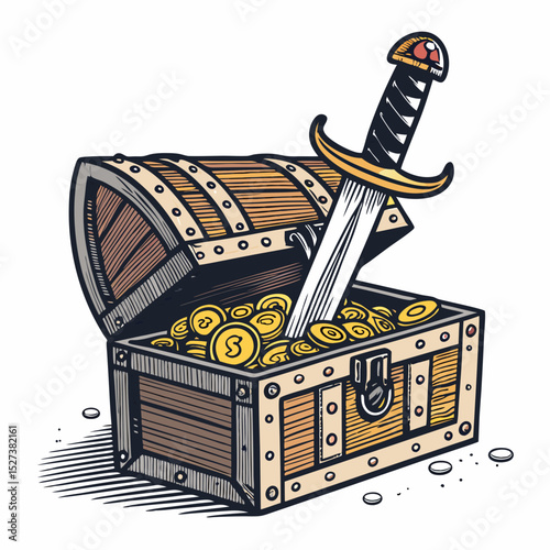 Create a bold, vector illustration of a pirate sword forcefully plunged into wood, emphasizing thick black strokes for a strong, impactful design.