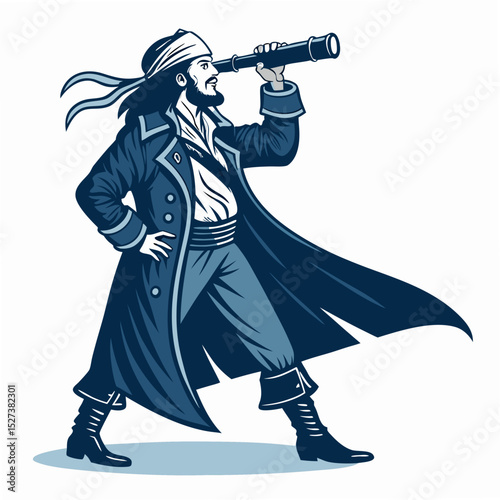 Create a bold vector illustration of a fierce pirate with a long, flowing beard, wielding a cutlass.  Style should be cartoonish but detailed.