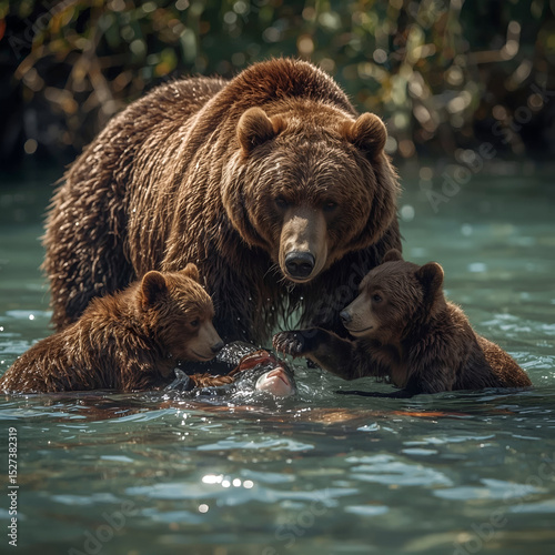 Dangerous big grizzly brown bear mammal in nature's wild water