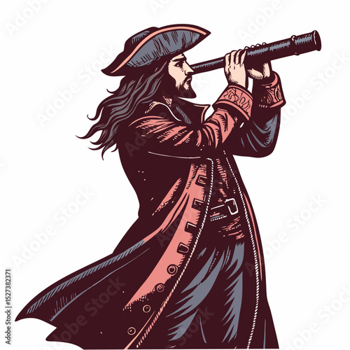 Create a bold vector illustration of a fierce pirate with a long, flowing beard, holding a cutlass.  Include detailed clothing and a weathered face.