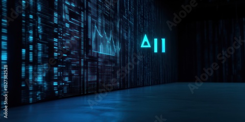 A futuristic scene with glowing blue data streams and a graph on a dark background in a digital space