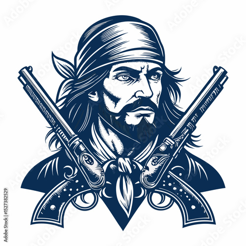 Create a bold, vector illustration of a fierce pirate wielding two pistols, emphasizing strong linework and a dramatic pose.