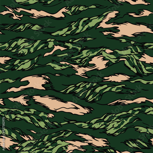 Camouflage seamless pattern. Tiger stripe camouflage pattern. Forest real tree camouflage design. Hunting camouflage. Tiger stripe pattern.