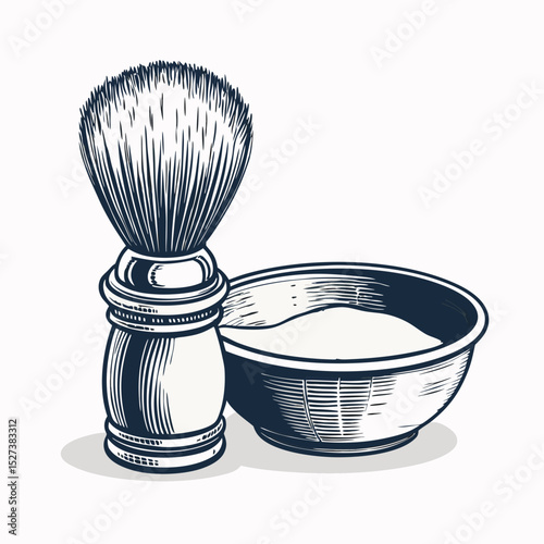 Create a bold, vector illustration of a shaving brush with a strong black stroke, emphasizing its handle and bristles.  Include a stylized 'S' subtly incorporated into the design.
