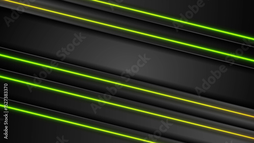 Black abstract striped background with green yellow neon lines