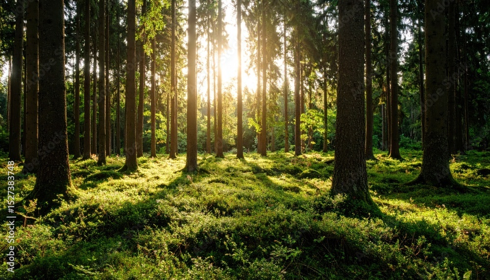 Fototapeta premium Sunbeams through a dense forest