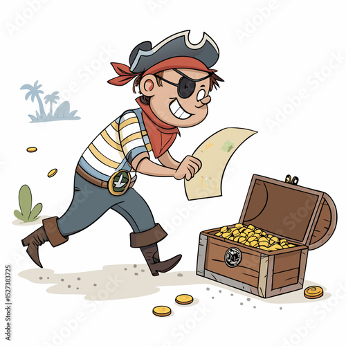 Create a bold vector illustration of a sly, sneaking pirate, emphasizing a thick, black outline.  The pirate should appear mischievous and cunning.