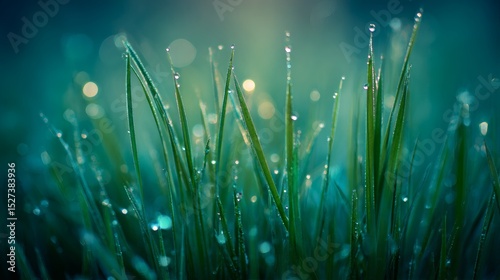Grass with Dew Drops on a Spring Morning