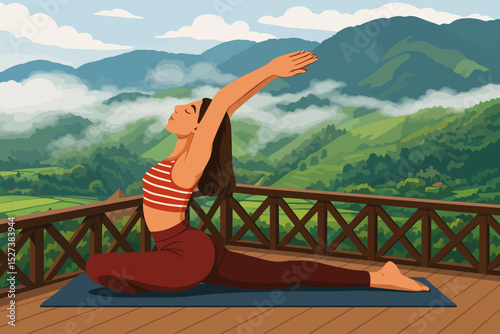 A woman is practicing yoga on a wooden deck surrounded by a scenic mountain view. She is performing a deep backbend stretch in a variation of the pigeon pose, with her arms extended overhead and her