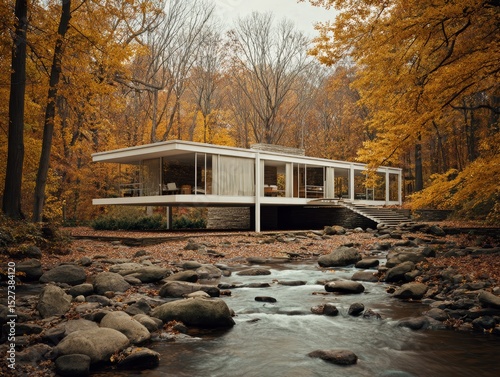 ultra realistic view of Farnsworth House-inspired modernist pavilion at location of falling water, black steel and glass cantilevered over a flowing creek, dense autumn forest, fall colours, solarisat
