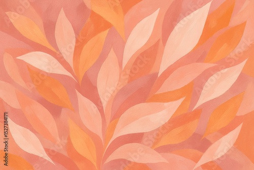 An abstract painting featuring a pattern of leaf shapes in various shades of orange and peach tones