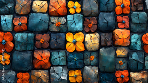  Stone Mosaic with Colorful Flower Motif and Contrasting Grout