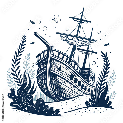Create a bold vector illustration of a sunken pirate galleon, emphasizing strong black outlines and textured surfaces.  Include details like cannons and rigging.