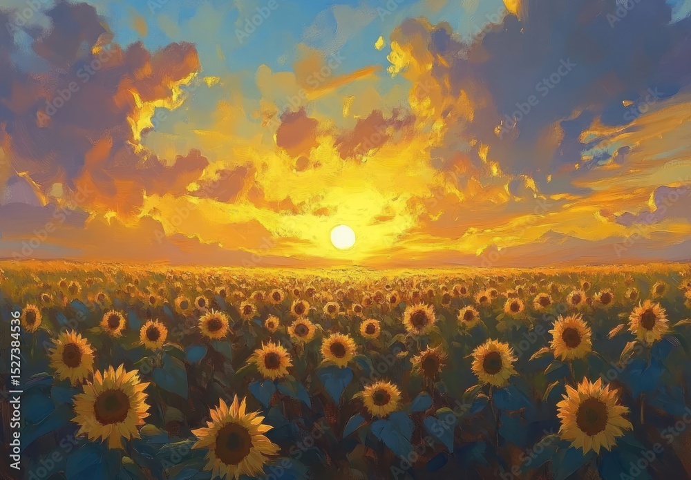 Fototapeta premium Sunflowers bloom under a vivid, painterly sunset