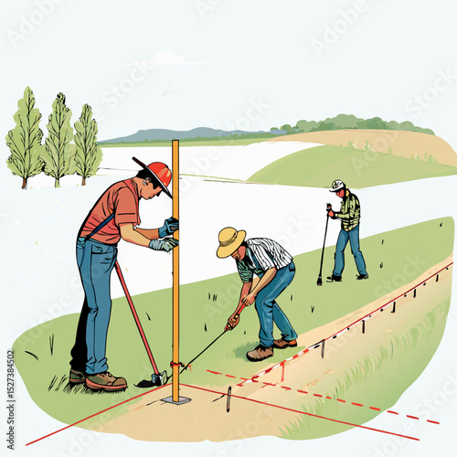 Create a bold vector illustration of a surveying crew marking land, emphasizing strong outlines and vibrant colors.