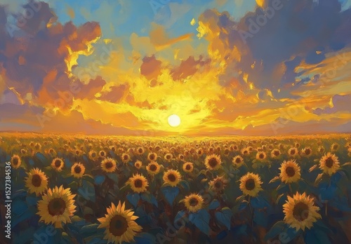 Sunflowers bloom under a vivid, painterly sunset