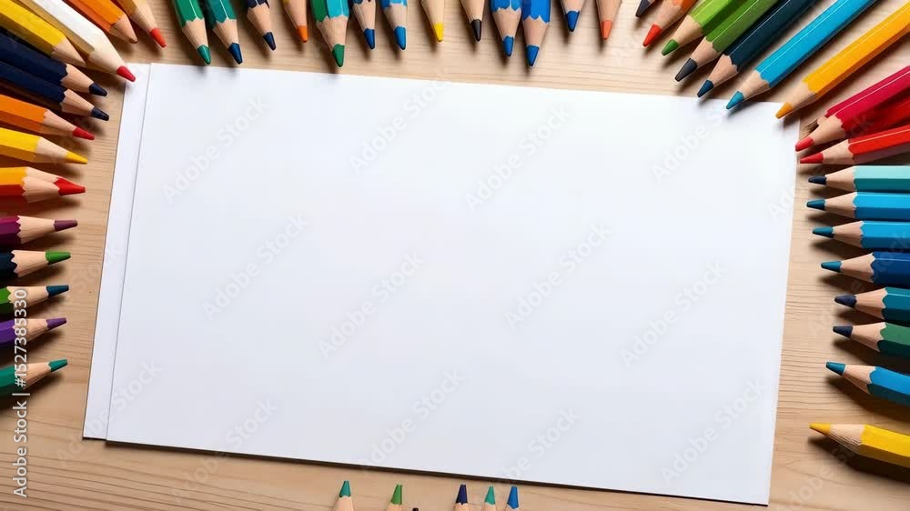 Blank white paper animation bordered with vibrant colored pencils on wooden desk surface for artist studio background.