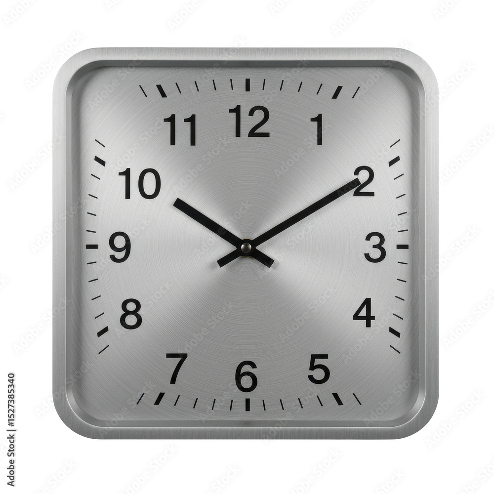 A sleek silver wall clock displaying the time with a minimalist design against a plain background A sleek silver wall clock displaying the time with a minimalist design against a plain background