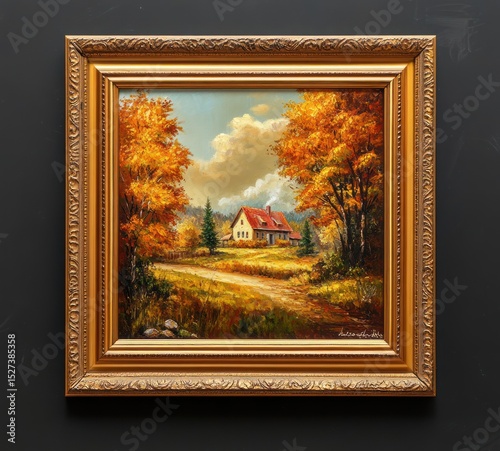 Autumnal house painting in ornate golden frame