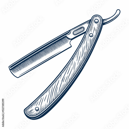 Design a bold, vector illustration of a vintage straight razor, emphasizing strong black strokes and detailed handle design.  Include highlights for a polished look.