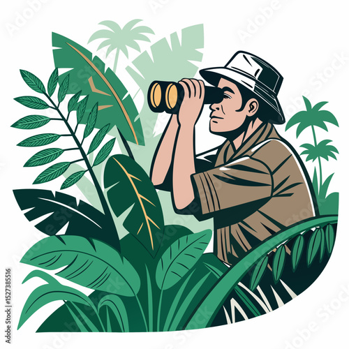 Create a vector illustration of a wildlife biologist, bold outlines, strong lines, detailed clothing and equipment.