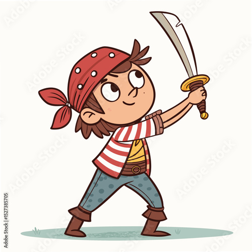 Create a vector illustration of a bold, stylized young pirate with a tricorn hat, holding a cutlass.  Focus on thick, impactful outlines.