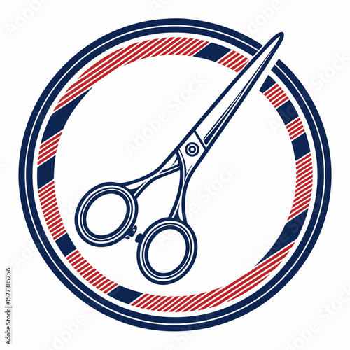 Design a bold, vector illustration of a pair of barbershop scissors.  Emphasize sharp lines and a thick stroke.
