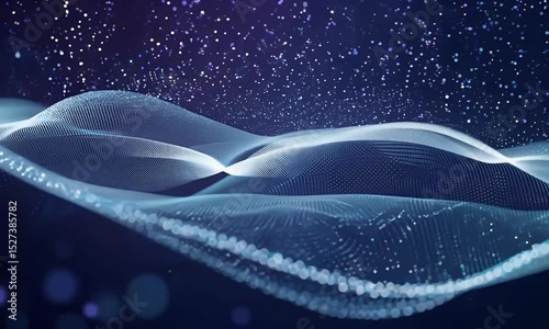 Abstract digital wave with glowing particles flowing across a dark gradient background.