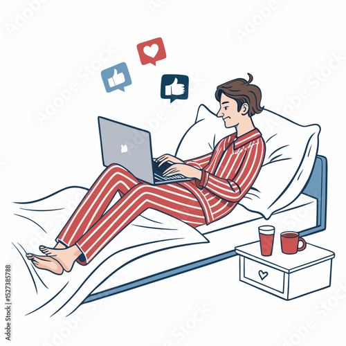 Design a bold, vector illustration depicting a person actively browsing social media on a smartphone.  Focus on strong lines and impactful visuals.