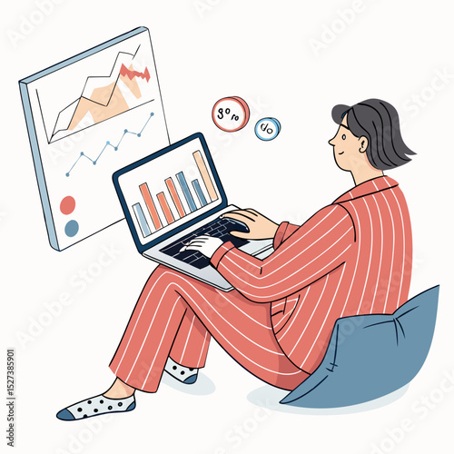 Create a bold vector illustration depicting a person analyzing data charts, emphasizing a checkmark signifying successful analytics.  Focus on clean lines and strong contrasts.