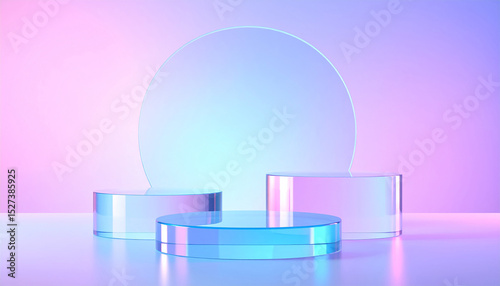 Showcase or display for products with glass circular pedestal on a soft color background. Space concept for product promotional sales presentations.