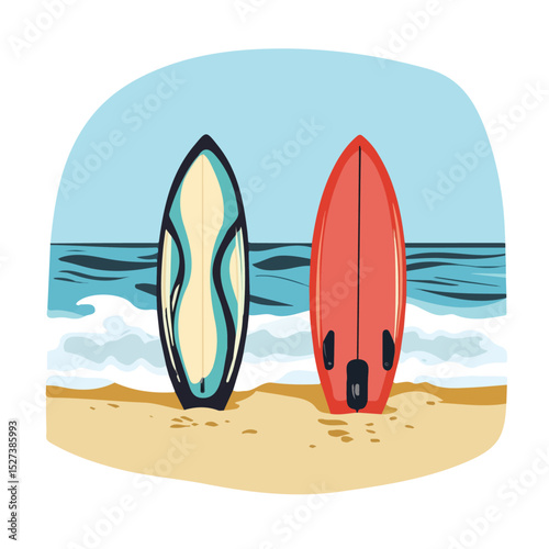 Surfboards Resting Sand Waves illustration vector 2D flat, isolated on a white background.