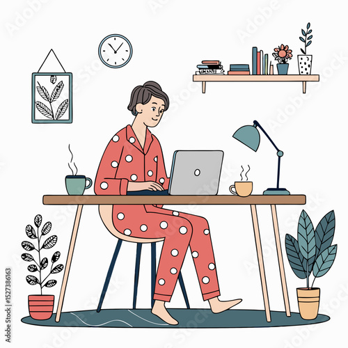 Design a bold, minimal vector illustration of a cozy workspace, emphasizing clean lines and simple shapes.  Include essential elements like a desk, chair, and laptop.