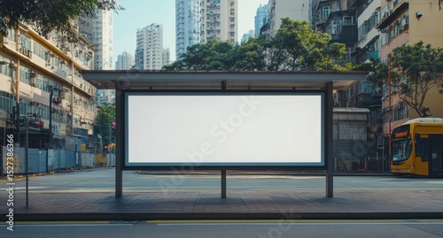 City bus stop, blank ad panel, buildings behind