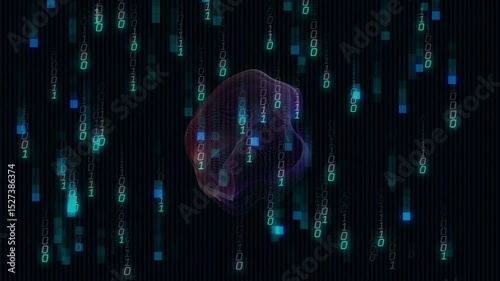 Hovering binary digits starting cascade around rotating purple-pink form, forming matrix envelope