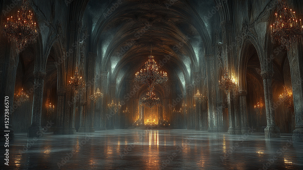 Naklejka premium grand, high ceilinged throne room with vaulted stone arches and elegant chandeliers creates