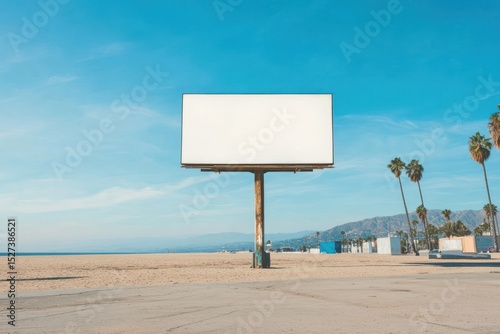 Blank billboard on sandy beach, palm trees, blue sky