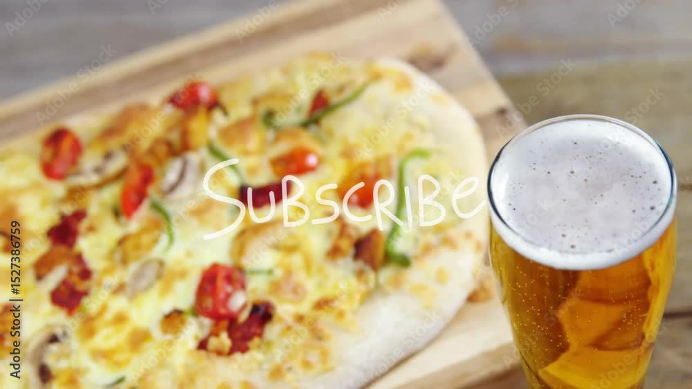 Subscribe text appearing over cheese pizza, amber beer sliding in, radiating lines drawing focus