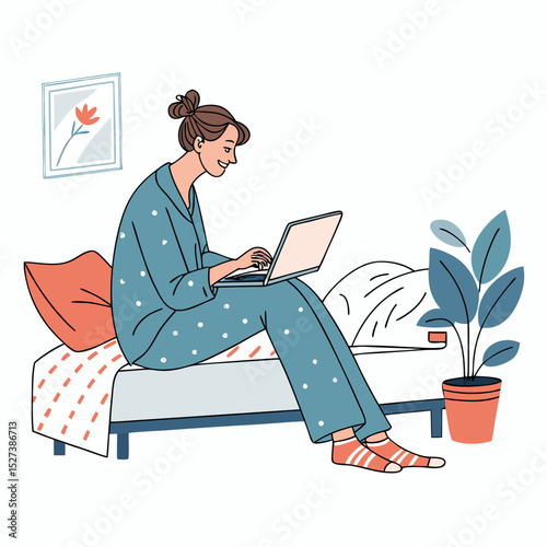 Design a bold vector illustration of a freelancer working from home, showcasing their workspace and tools.  Include laptop, coffee, and plants.