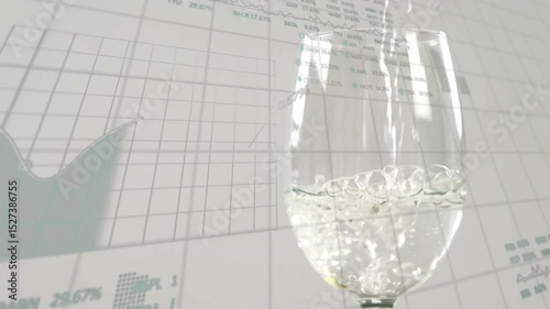 Falling liquid stream filling 3D glass while charts emerge showing progression in flat design