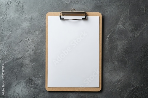 Clipboard with blank white paper on grey surface